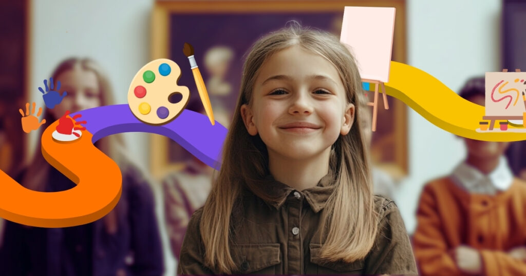 A smiling young girl standing in front of an art gallery backdrop, surrounded by colorful artistic elements like a paint palette, brush, handprints, and easels, symbolizing creativity and art education.