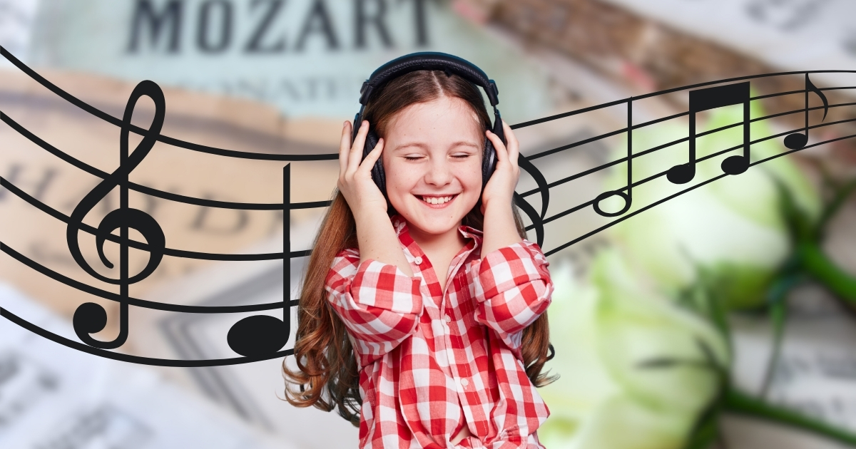 A smiling girl wearing headphones and a red plaid shirt, enjoying music with a background featuring sheet music, the word 'Mozart,' and floating musical notes.