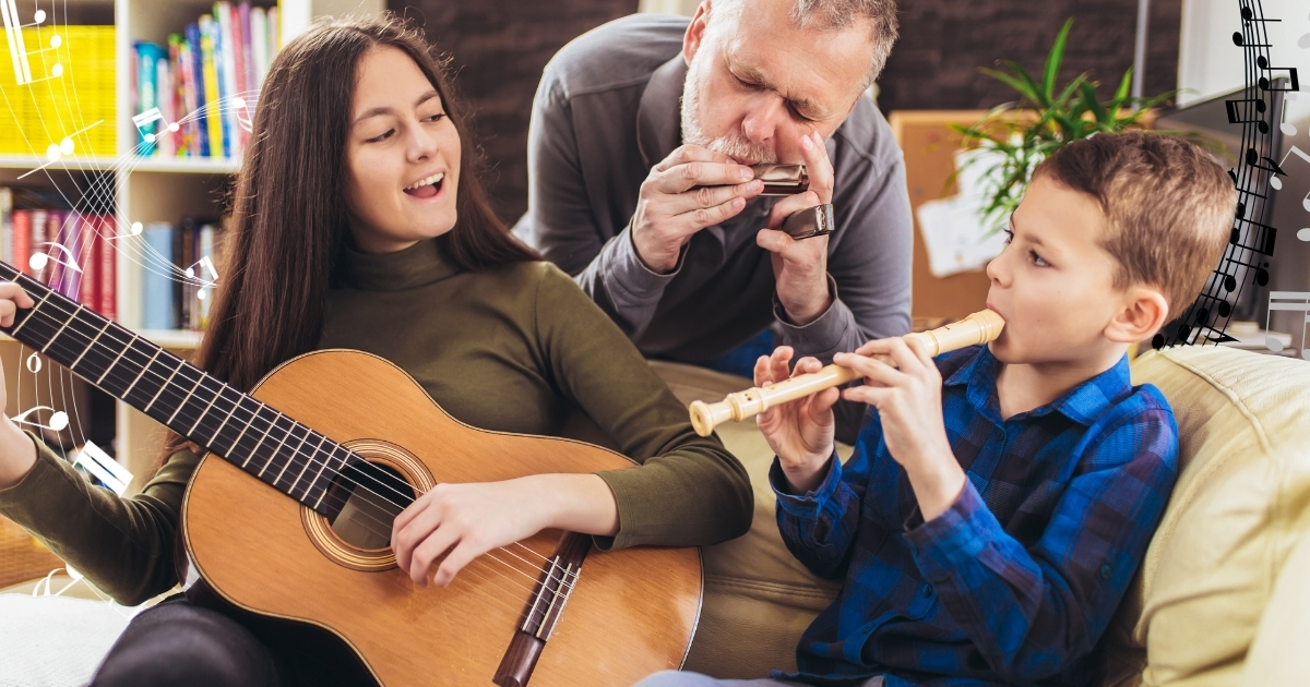 Family music time at home: A young woman playing the guitar, an older man playing the harmonica, and a young boy playing the recorder, all enjoying a shared musical moment in a cozy living room with books and plants in the background.