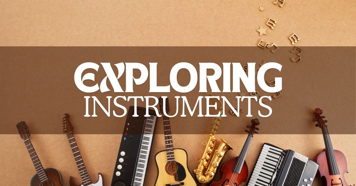 An assortment of musical instruments, including guitars, a keyboard, a saxophone, a violin, and an accordion, displayed on a beige background with scattered music notes and stars. The text 'Exploring Instruments' is prominently centered in bold white font.