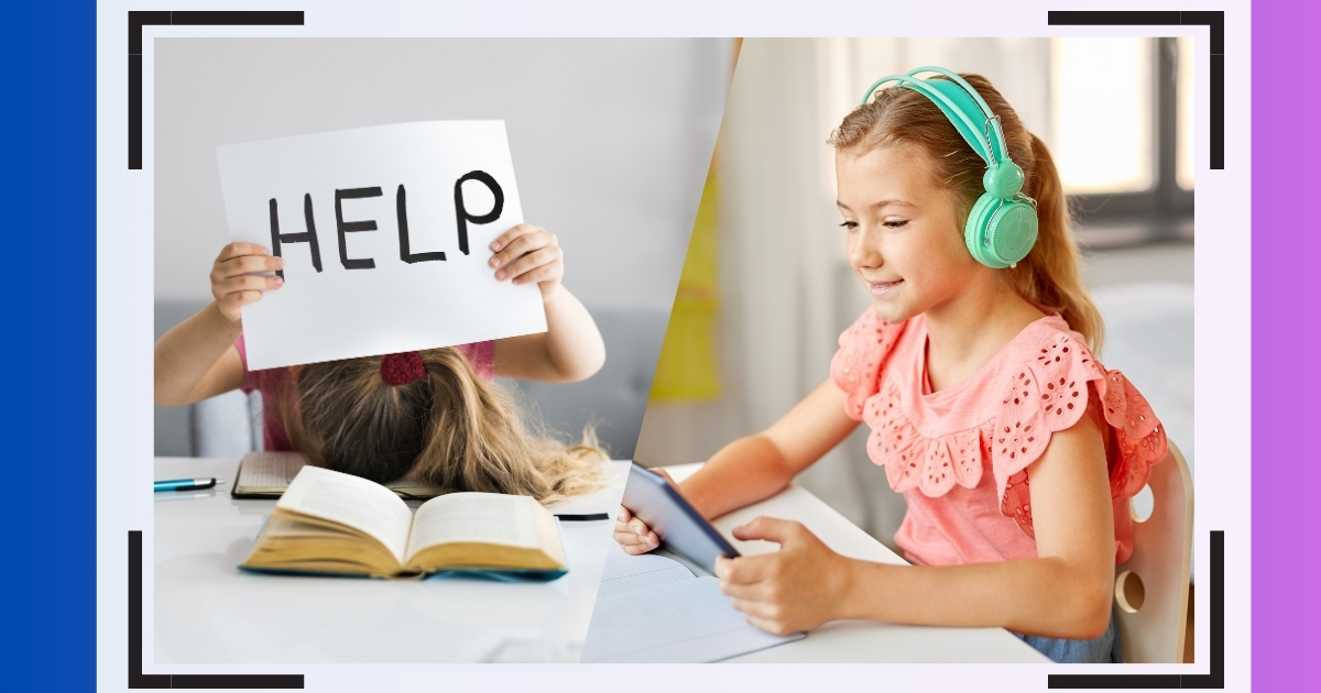 Split image showing two sides of homeschooling: on the left, a frustrated child with their head down holding a 'HELP' sign over an open book, and on the right, a smiling child wearing headphones and using a tablet, representing a more positive learning experience.