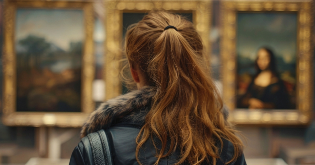 A young woman with red hair tied in a ponytail, wearing a leather jacket with a fur collar, viewing framed artwork in a museum, including a blurred painting resembling the Mona Lisa.