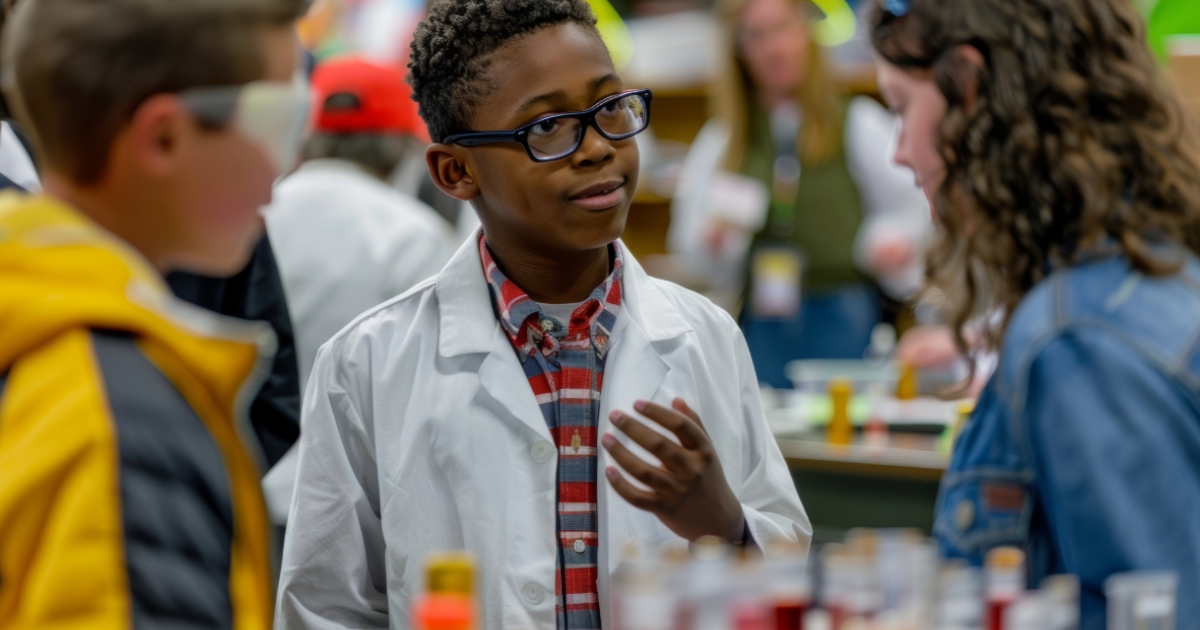 A young student in a white lab coat and glasses engaged in a science activity, speaking confidently with peers in a busy classroom or workshop setting.