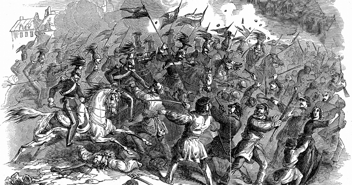 A detailed black-and-white illustration depicting a historical battle scene. Soldiers on horseback charge into a chaotic fight, clashing with armed civilians wielding sticks and makeshift weapons. Smoke rises in the background, indicating active combat, while fallen figures and dramatic expressions emphasize the intensity of the conflict.