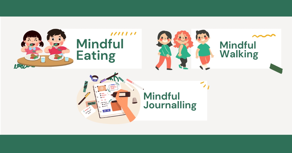 An infographic with illustrated visuals highlighting three mindfulness activities for children: 'Mindful Eating' featuring two kids enjoying meals at a table, 'Mindful Walking' showing three children walking together, and 'Mindful Journalling' represented by a hand writing in a journal surrounded by colorful stationery.