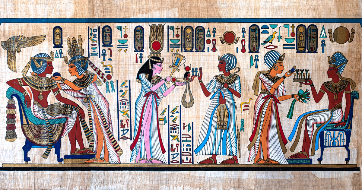 An intricate ancient Egyptian artwork depicting a royal scene, featuring figures in traditional attire with detailed hieroglyphics and symbolic imagery on a papyrus background.