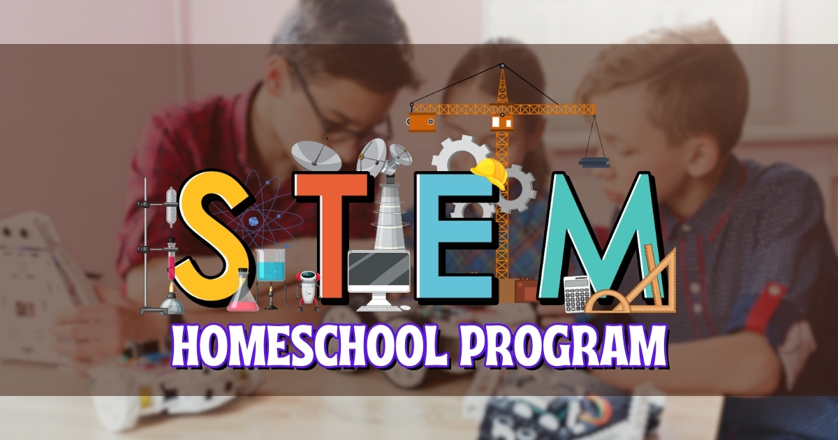 An illustration of the word 'STEM' with each letter represented by science and engineering icons, including a microscope, gears, a crane, and a satellite dish, overlaid on a blurred background of children working on a STEM project. Below the illustration, the text reads 'Homeschool Program' in bold purple letters.