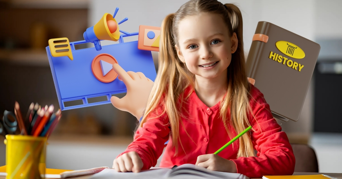 A young girl in a red shirt smiling while writing in a notebook, surrounded by colorful icons including a history book, a play button, and multimedia elements, symbolizing interactive learning and history education.