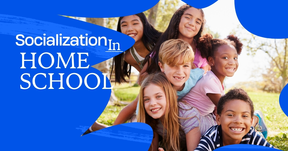 A group of diverse, smiling children sitting together outdoors in a park, with the text 'Socialization in Homeschool' displayed on a vibrant blue design overlay.