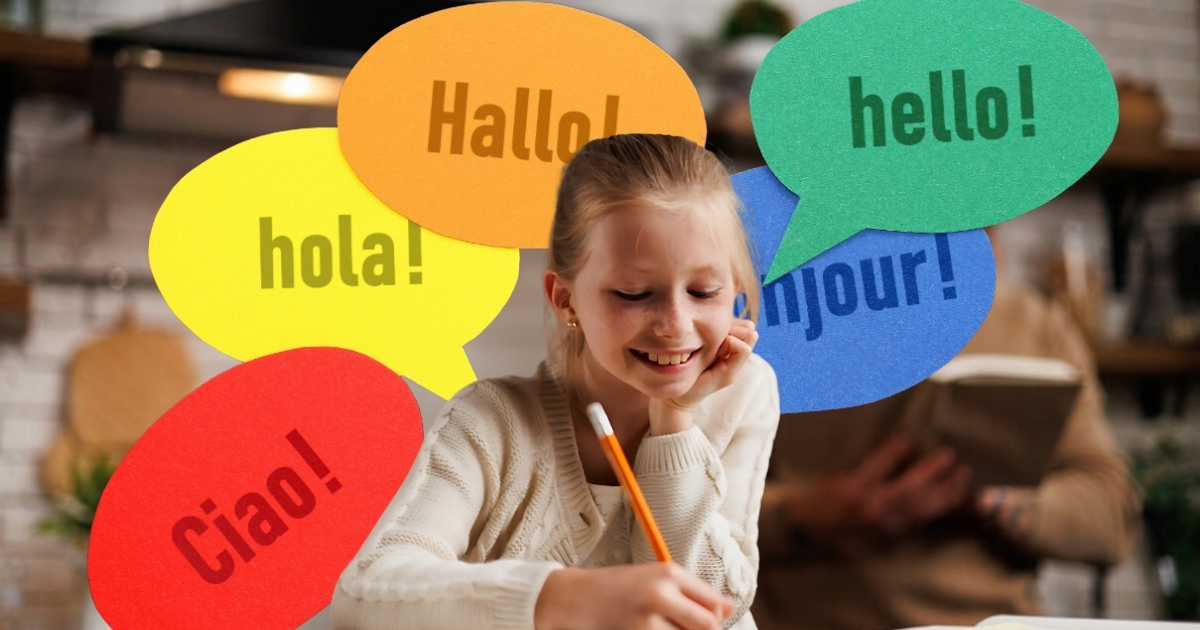 Young girl smiling while writing with a pencil, surrounded by colorful speech bubbles saying 'Hello!' in different languages, such as English, Spanish, French, German, and Italian, symbolizing a multilingual learning environment.