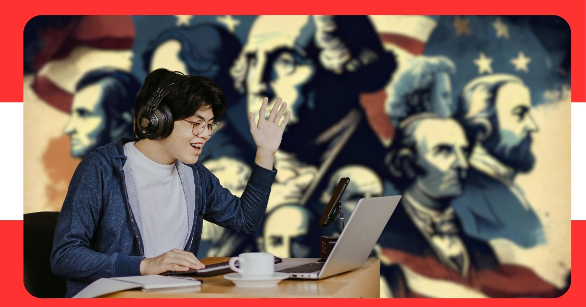 A young person wearing headphones and a hoodie, enthusiastically gesturing while participating in an online session. A laptop, microphone, and coffee cup are on the table in front of them. The background features a stylized illustration of prominent historical figures, symbolizing political or historical discussions, set against an American-themed backdrop.