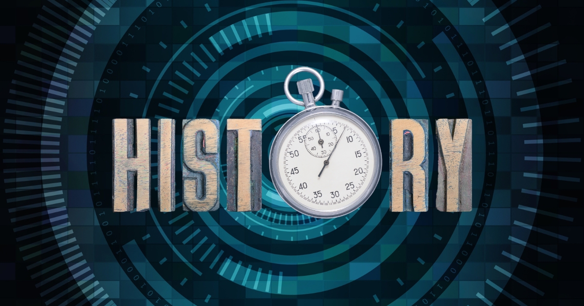 A digital graphic with the word 'HISTORY' in bold, textured letters, centered around a stopwatch, against a futuristic background of concentric circles and a blue grid design.