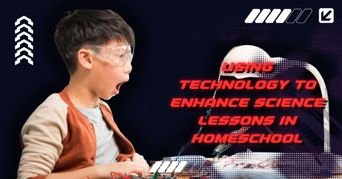 A surprised young boy wearing safety goggles, engaged in a hands-on science activity with technology elements, accompanied by bold text reading 'Using Technology to Enhance Science Lessons in Homeschool' on a futuristic background.