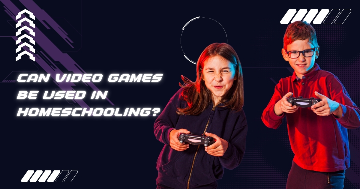 Two enthusiastic children playing video games with controllers, set against a futuristic gaming-themed background. The text reads 'Can Video Games Be Used in Homeschooling?' highlighting the role of gaming in education.