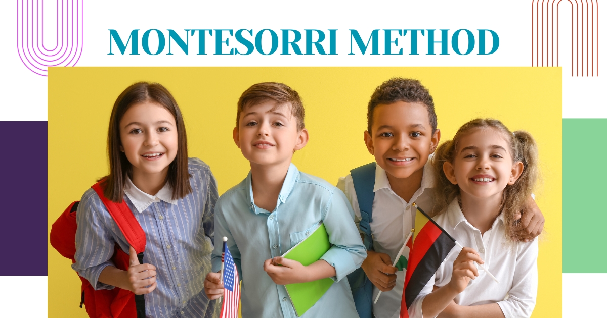 Happy multicultural children learning foreign languages through the Montessori method, holding country flags and school supplies against a yellow background.