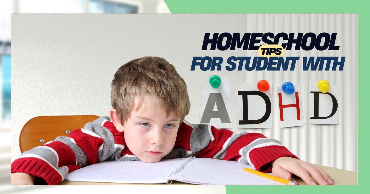 A young boy with ADHD looking tired and frustrated while homeschooling, with text reading 'Homeschool Tips for Students with ADHD' pinned on a wall. The image represents challenges and solutions in ADHD homeschooling.