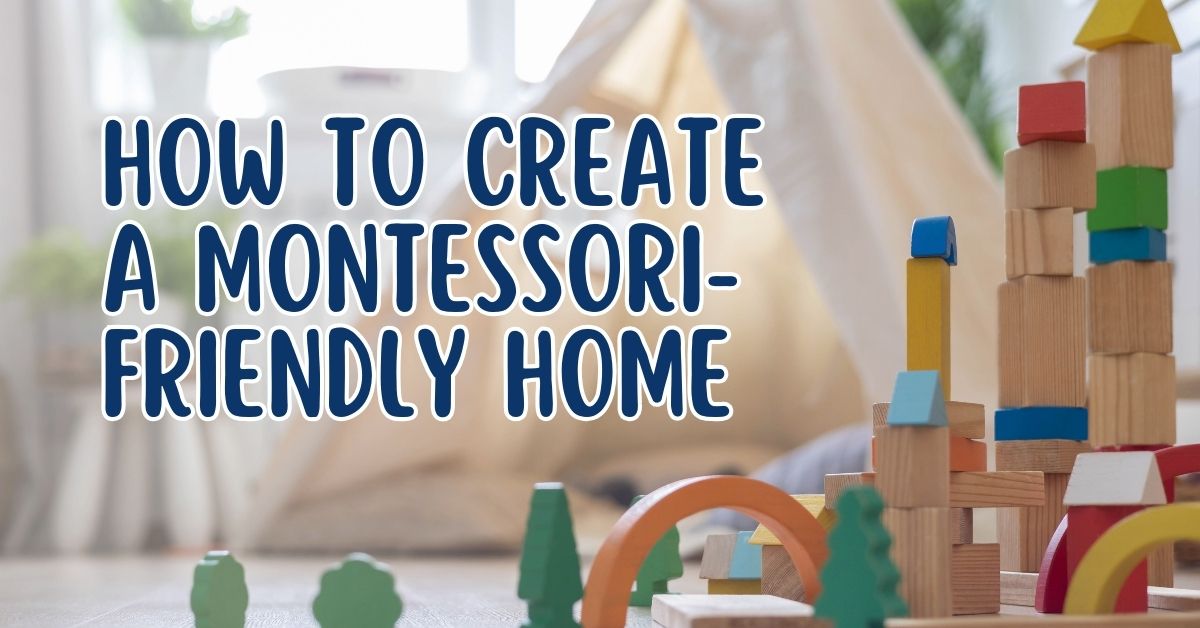 How to create a Montessori-friendly home – Wooden Montessori toys and a cozy learning environment with a play tent in the background, fostering independent learning for kids.