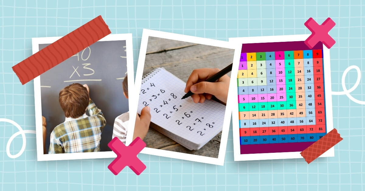 Teaching multiplication facts in homeschooling – a student solving math problems on a blackboard, a child practicing multiplication in a notebook, and a colorful multiplication chart.