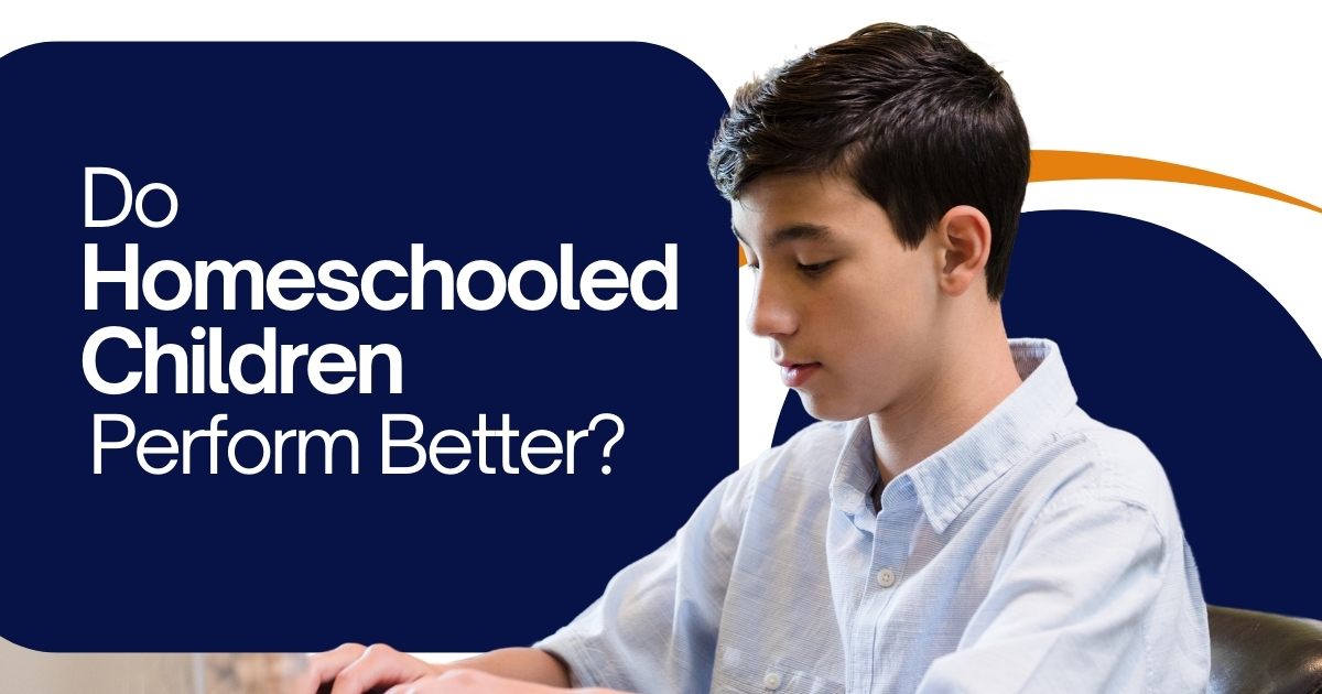 Teenage boy studying on a laptop with text overlay asking 'Do Homeschooled Children Perform Better?', highlighting homeschooling benefits and student success.