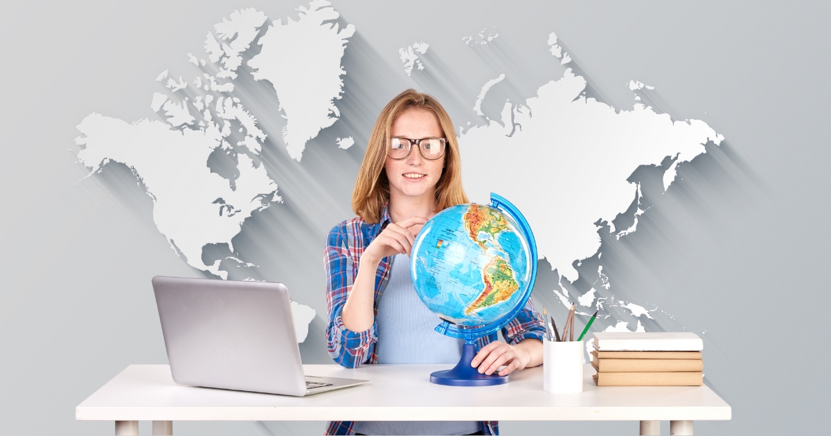 Homeschool student studying world geography with a globe, laptop, and books, with a world map background.