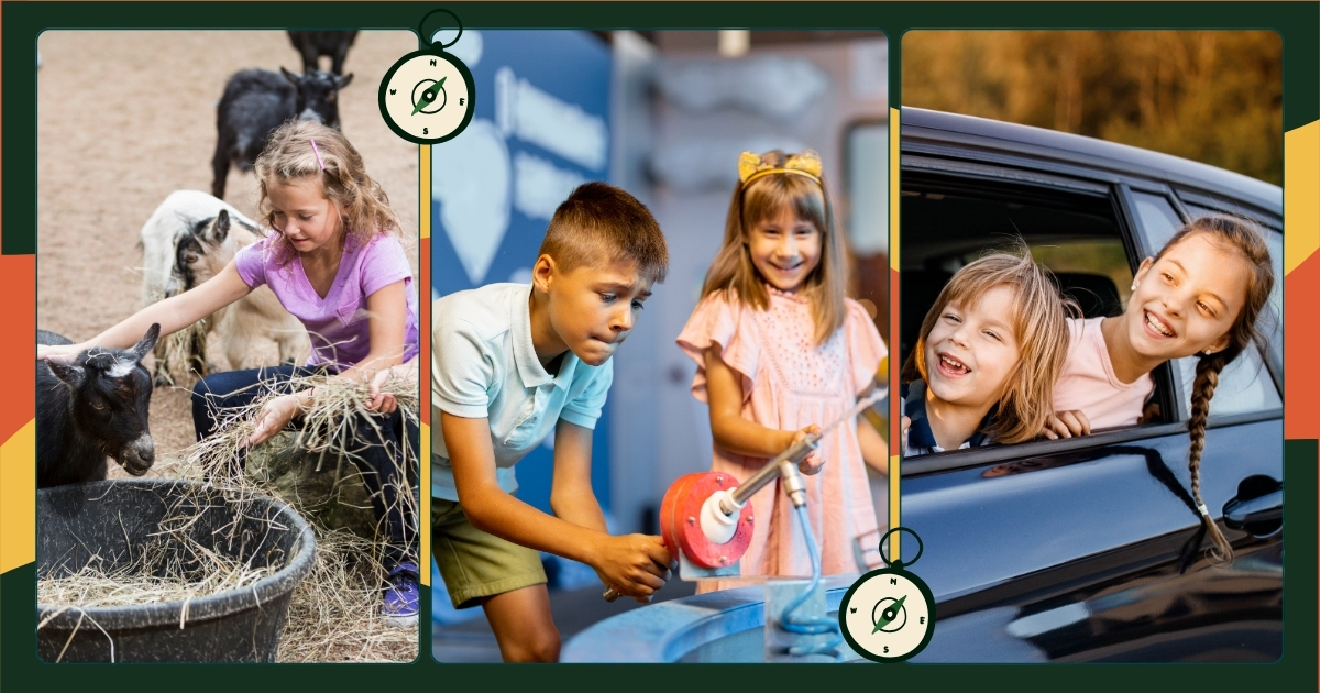 Homeschooling while traveling—children engaged in hands-on learning at a farm, science museum, and on a road trip.