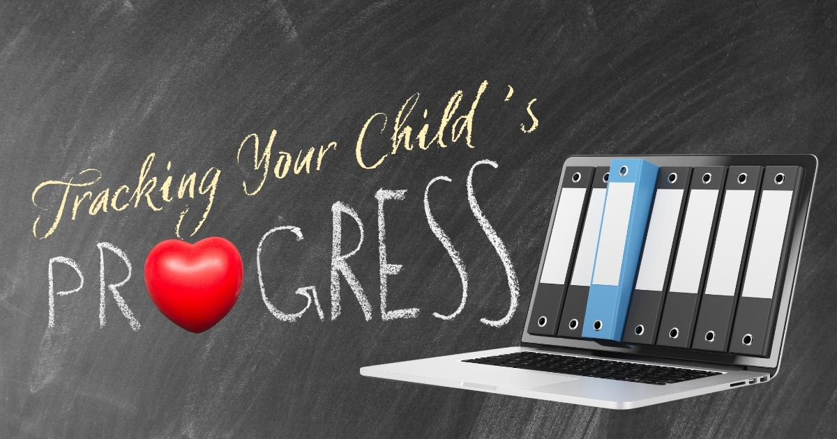 Tracking Your Child’s Progress - Homeschool record keeping concept with a chalkboard background, heart symbol, and digital folders on a laptop.