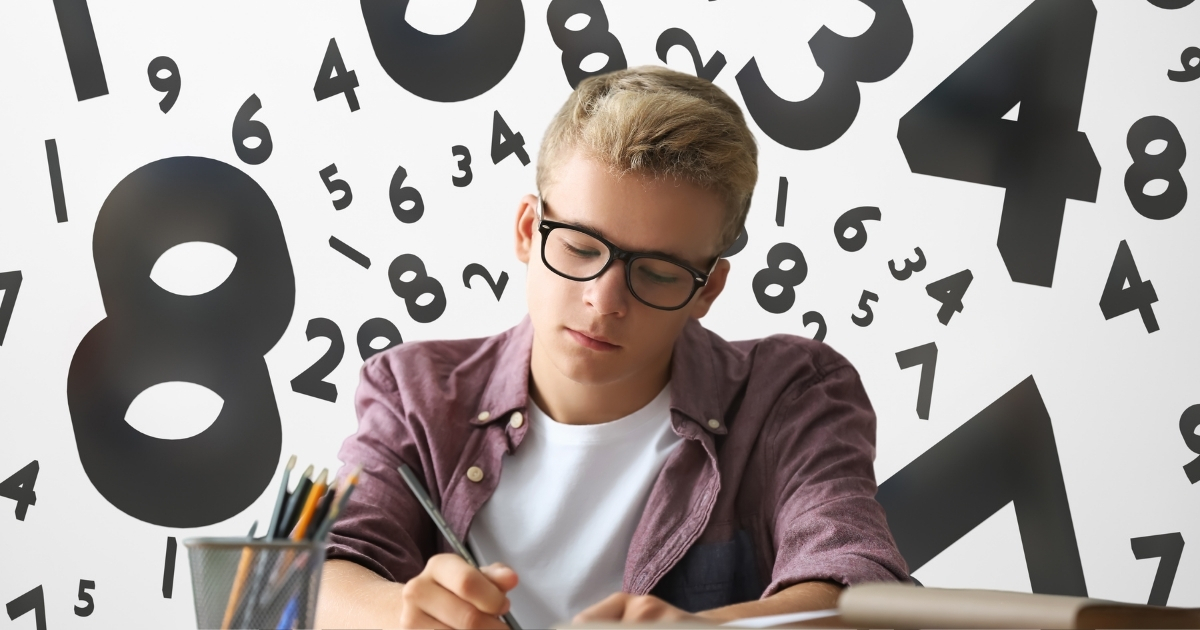 Homeschool student learning number sense concepts in math with numbers floating in the background.