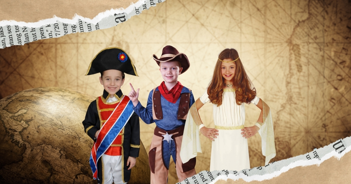 Three children dressed in historical costumes—a French military officer, a cowboy, and an ancient Greek figure—standing against a vintage map background. A creative homeschool history lesson using costumes for hands-on learning.