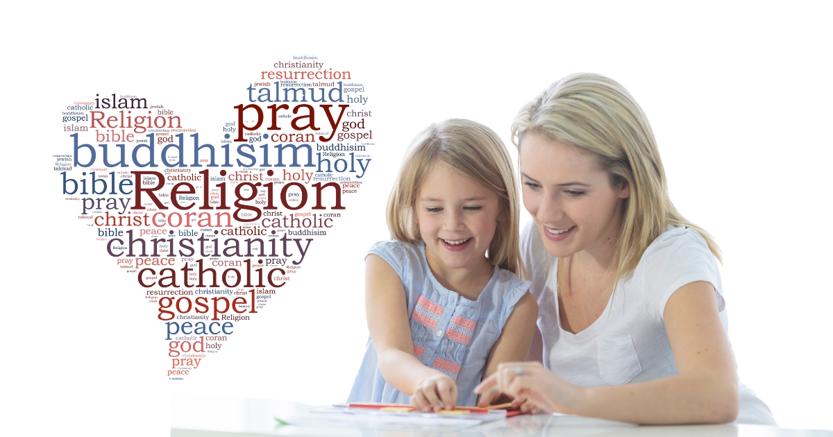 Smiling mother and daughter engaging in homeschool activities with a heart-shaped word cloud featuring religious terms like Christianity, Buddhism, Quran, Bible, and prayer, symbolizing faith-based education at home.