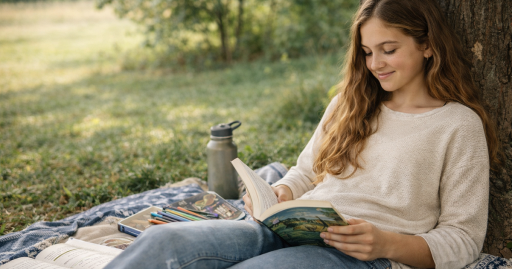 Young woman reads a book while sitting on a blanket under a tree in a sunny park garden.