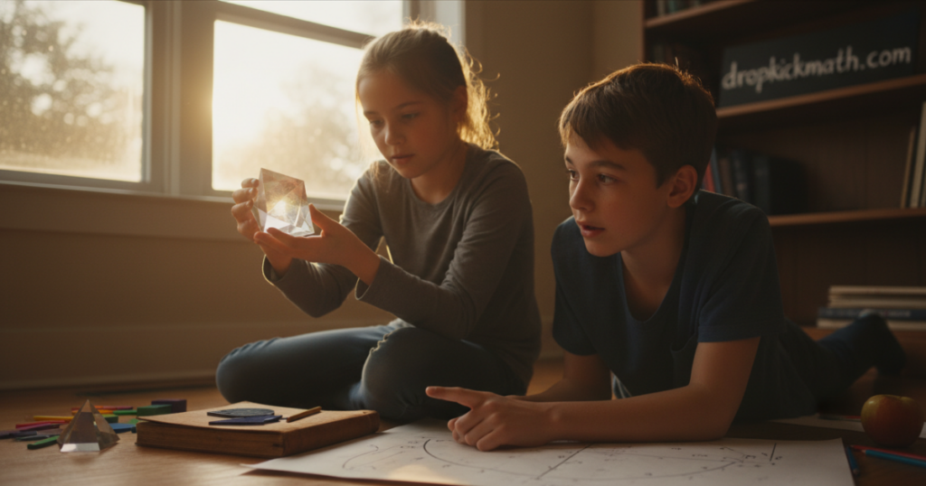 Two children sit on a sunlit floor, examining a transparent geometric prism they hold between them while crafting on the floor.