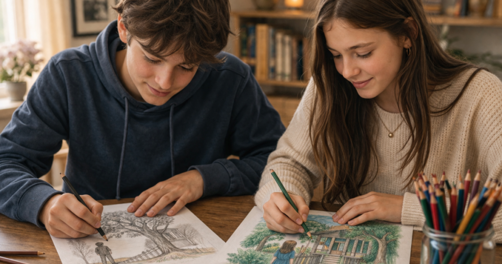 Two teenagers drawing landscape pictures at a wooden table, with a jar of colored pencils nearby and books in the background.