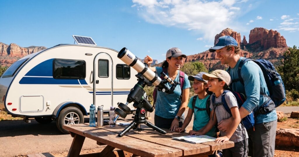 Building A Simple Roadschooling Routine That Works - DKM Homeschool Resource Family of four gathered around a telescope at a desert campsite with a white camper trailer in the background.